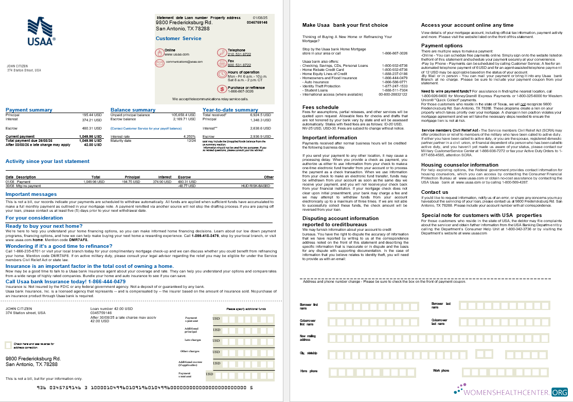 Download USA USAA Bank mortgage statement in Word and PDF formats, 2 pages Photoshop template
